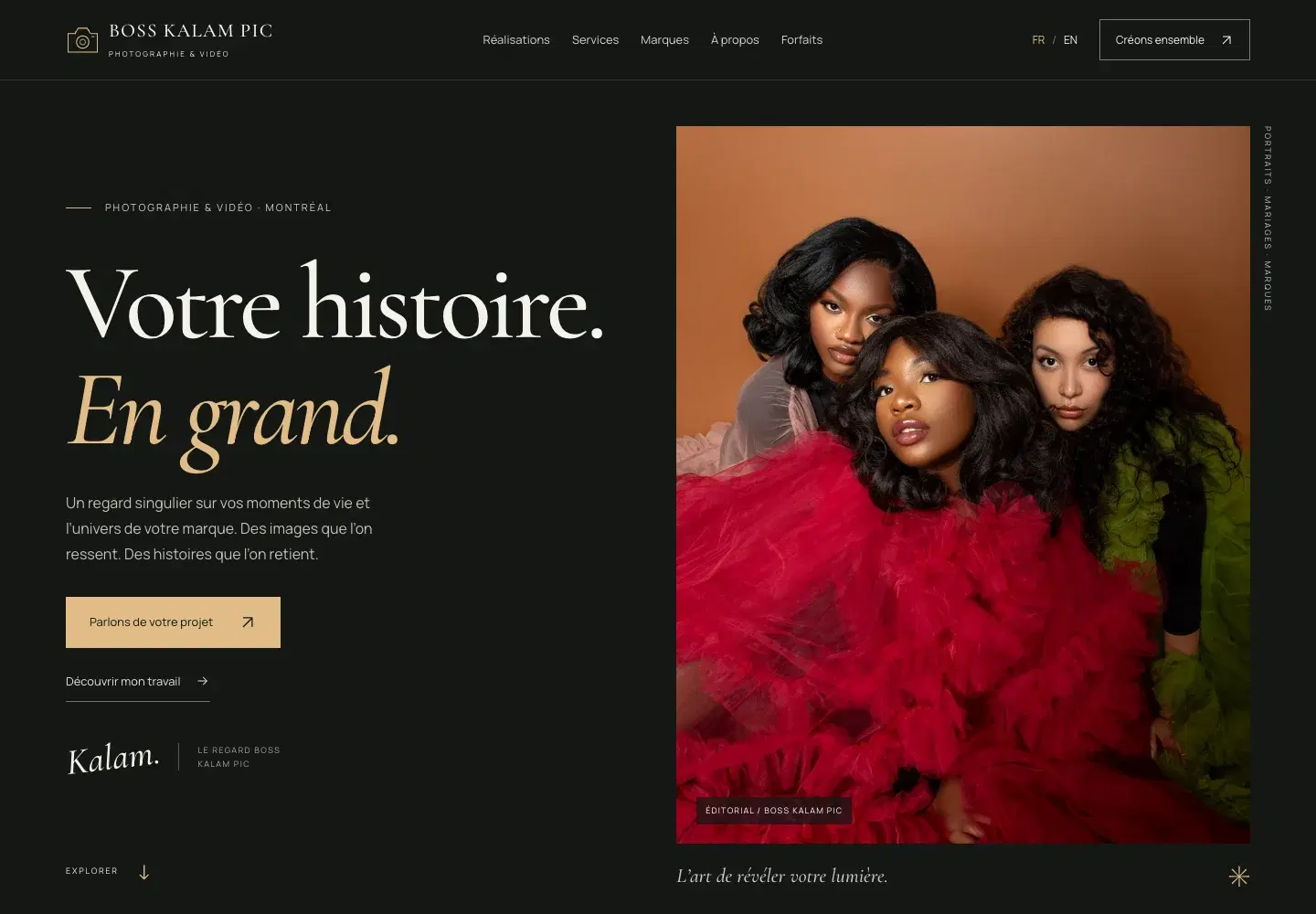Boss Kalam Pic website preview: dark editorial layout, large typography, and colourful photography.